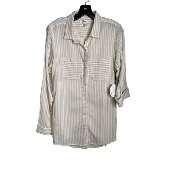 JAPNA WOMEN'S STRIPED ROLL TAB CONVERTIBLE BUTTON-DOWN SHIRT SZ L NWT - Picture 1 of 5
